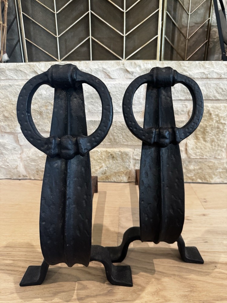 Vintage Cast Iron Andirons Firedogs Chenets Fireplace Heavy Gothic Decor Pair
