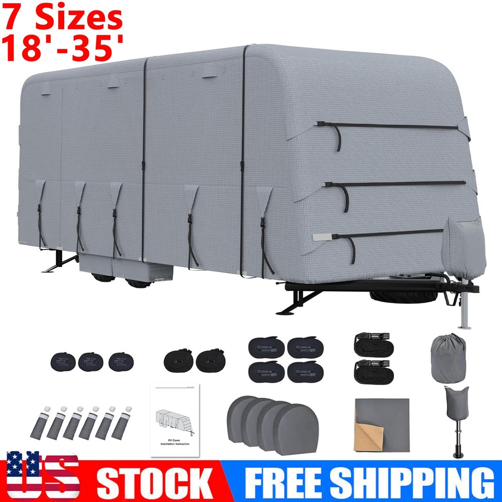 RV Cover 18-35 Ft, 7 Sizes, Travel Trailer Cover 7Layer Waterproof Camper Cover