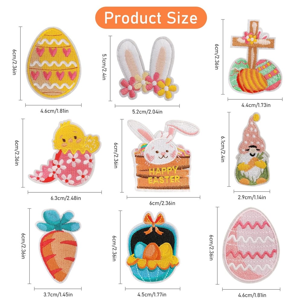 WILDREEDS 9 Pieces Assorted Styles Easter Iron on Patches, Embroidered