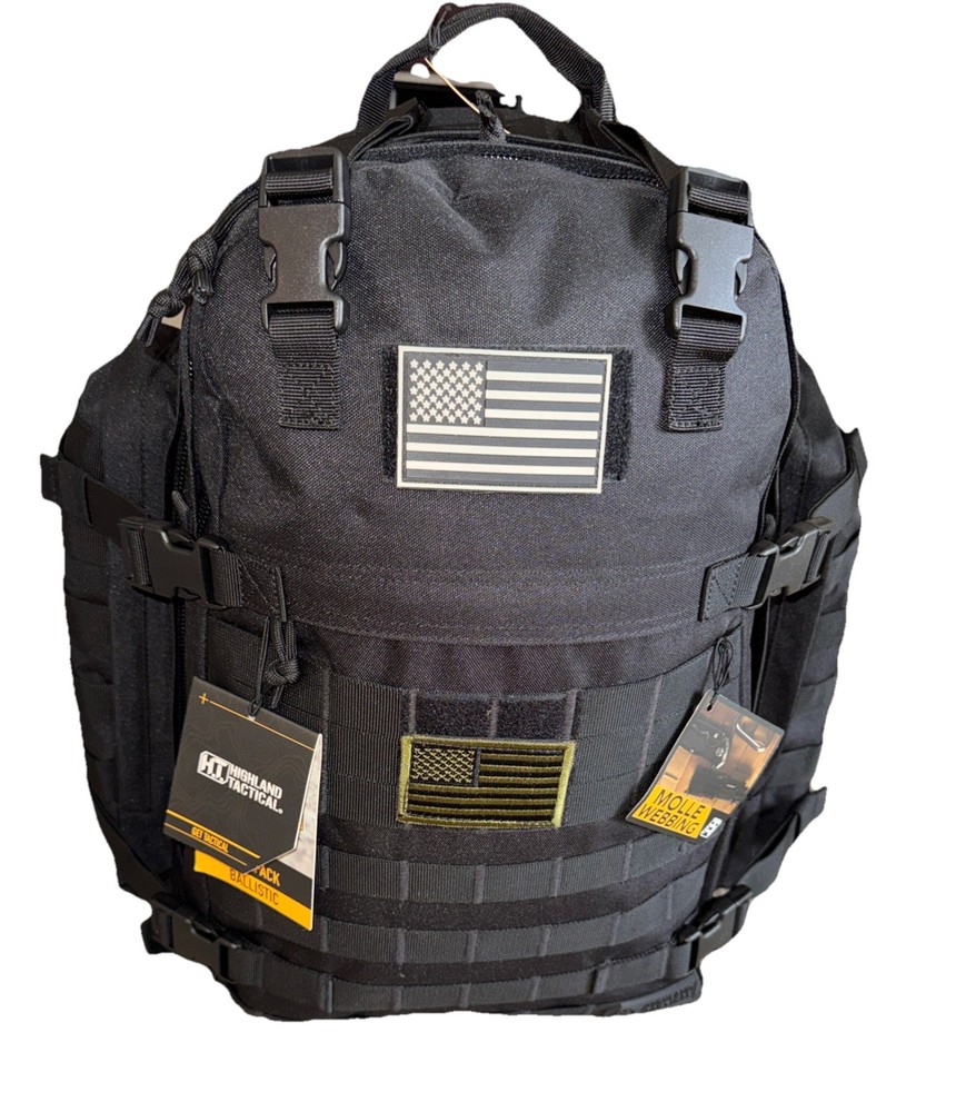 Highland Tactical Ballistic Molle Webbing Hydration Black Backpack Padded Back
