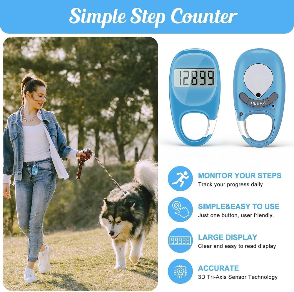 Simple Pedometer for Walking, Accurate Step Tracker with Carabiner, 3D Step Coun