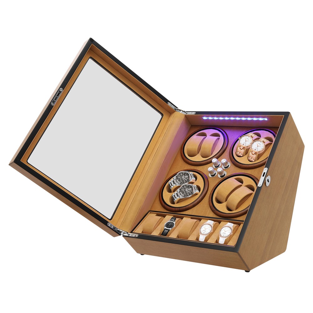 8+5 Pine Automatic Watch Winder Box With LED Light Storage Case 4 Winding Modes