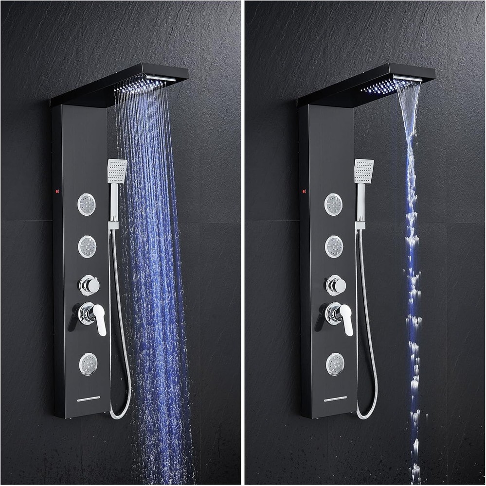 5-in-1 Black LED Shower Panel with Rainfall, Jets & Handheld Showerhead