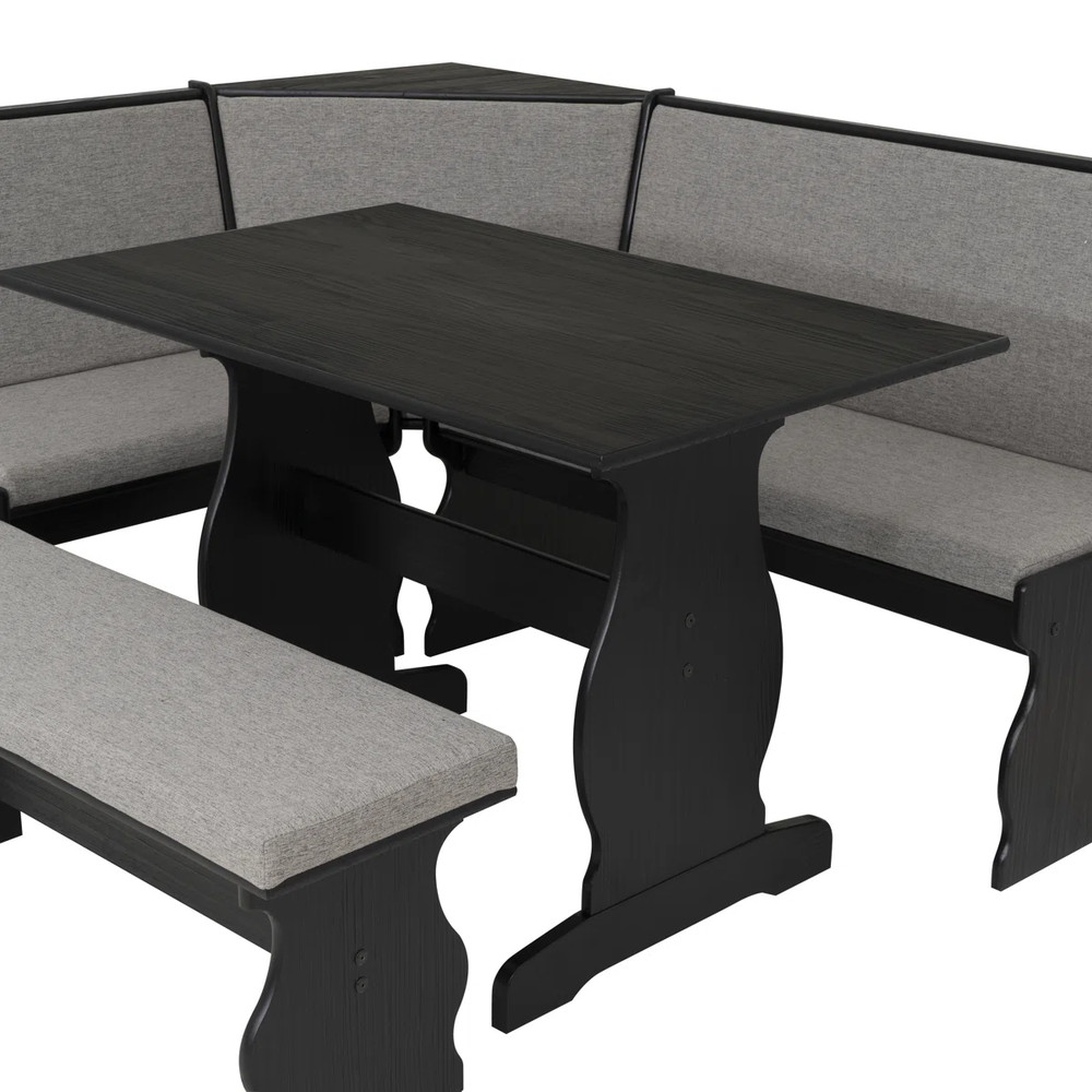 3 pc Gray Black Top Breakfast Nook Dining Set Corner Booth Bench Kitchen Table