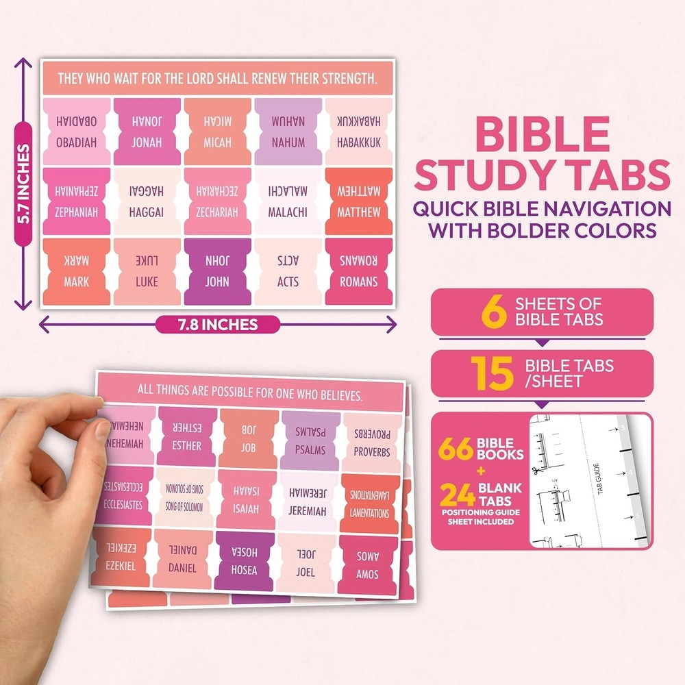 90 Pink Bible Tabs, Large Print Laminated Study Index Tabs