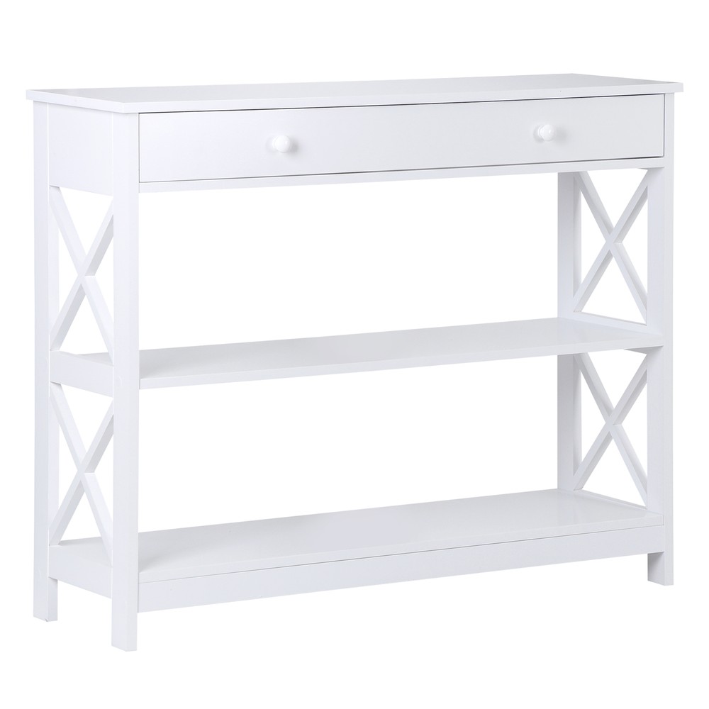3 Tiers Console Table w/Drawer Storage Shelf Black Sofa Table Hallway X Shaped