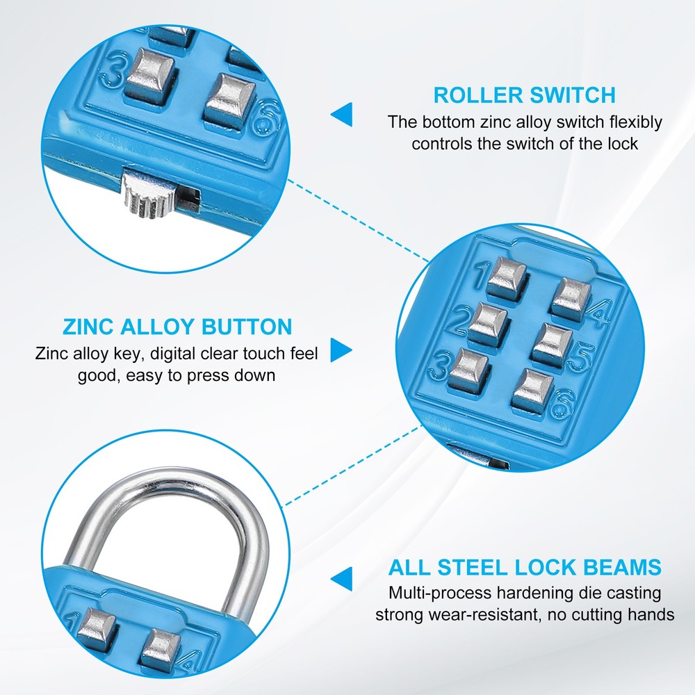 2Pcs Push Button Combination Padlock 6-Digit 3-Position Lock Sky Blue