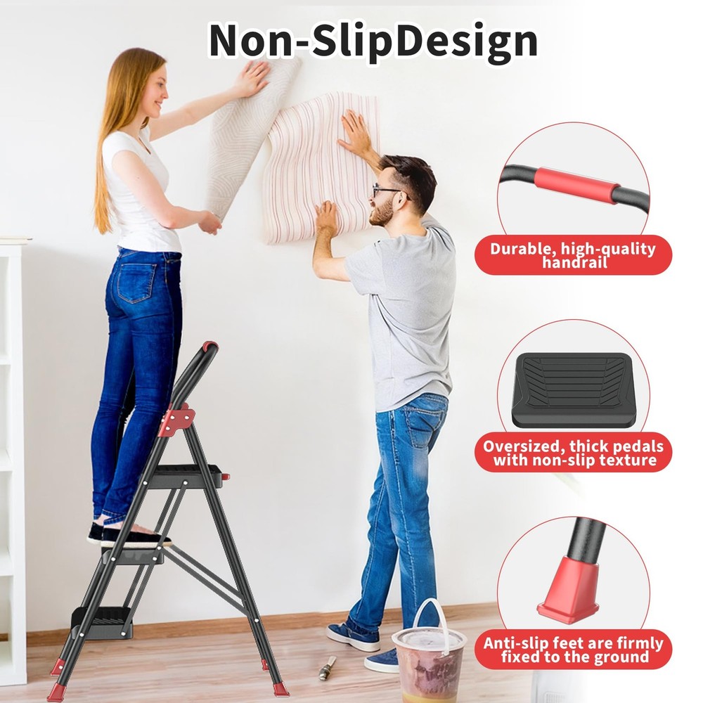 DIAMONDFORGE 3 Step Ladder, Folding Step Stool with Anti-Slip Wide Pedal, Soft H