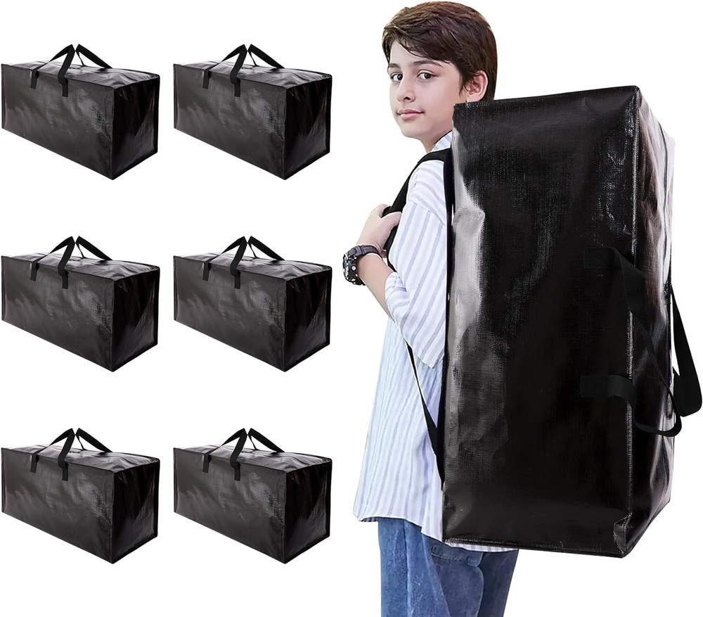 Heavy Duty Moving Bags with Backpack Straps, 6 Pack, Black