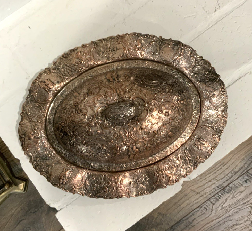 Antique Silver on Copper Oval Covered Repousse Serving Dish from E.G. Webster