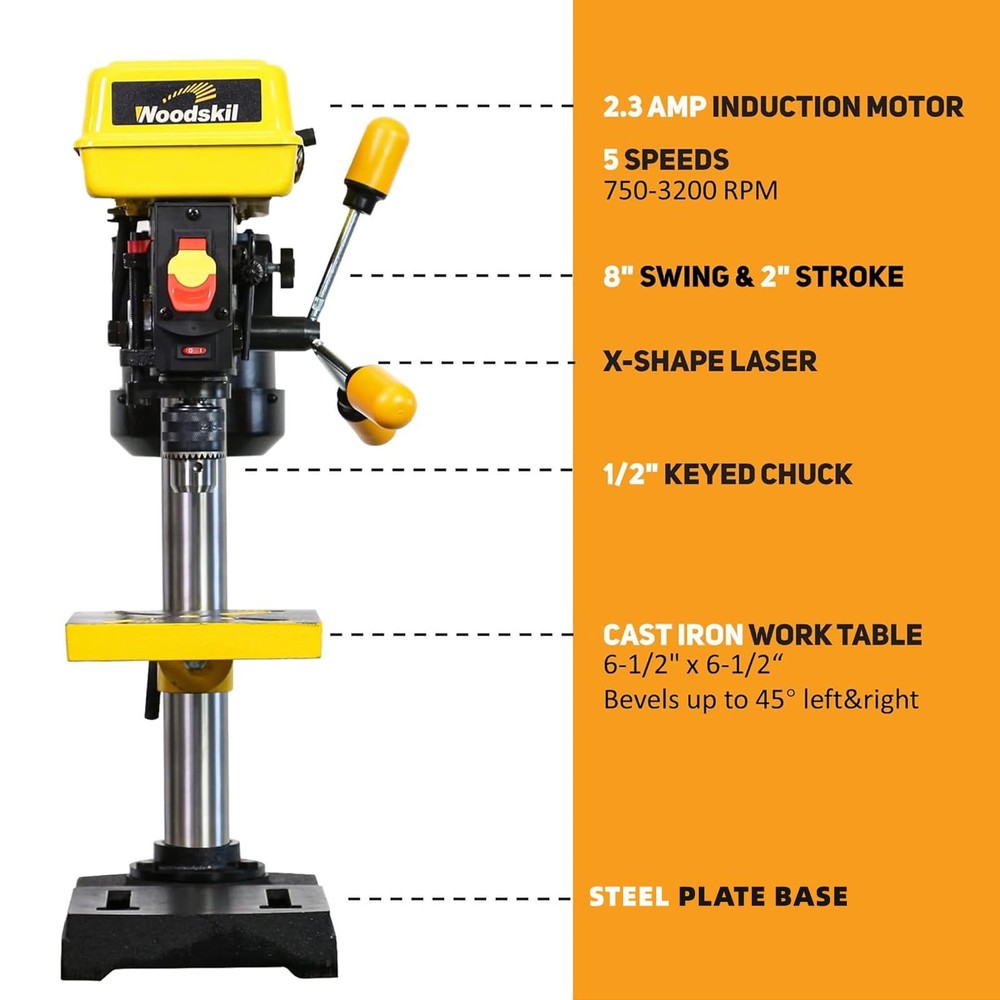 8 Inch Drill Press, 2.3 Amp 5-Speed Bench Drill Press with Laser Guide and Ca...