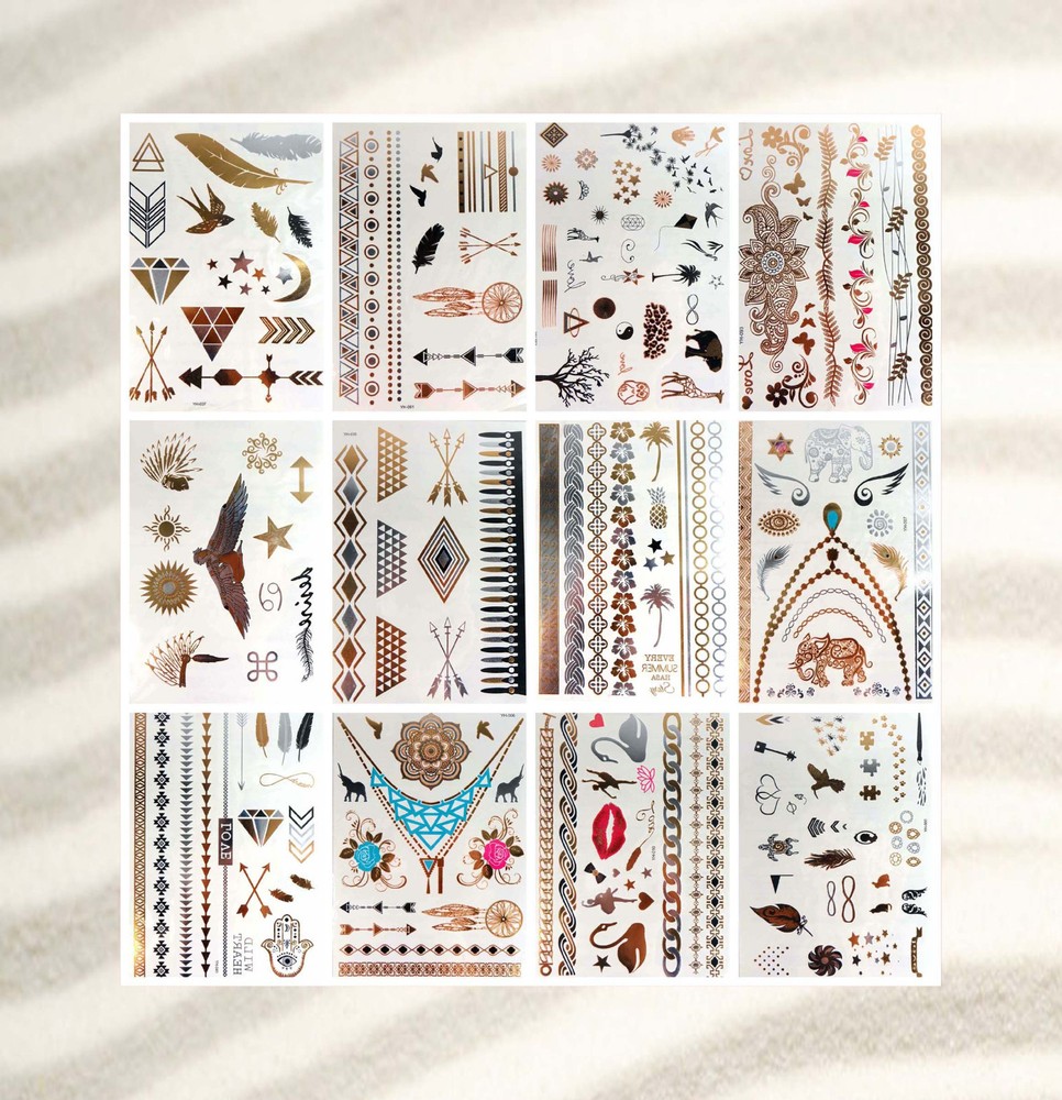 12 sheets metallic gold removable sticker temporary tattoo