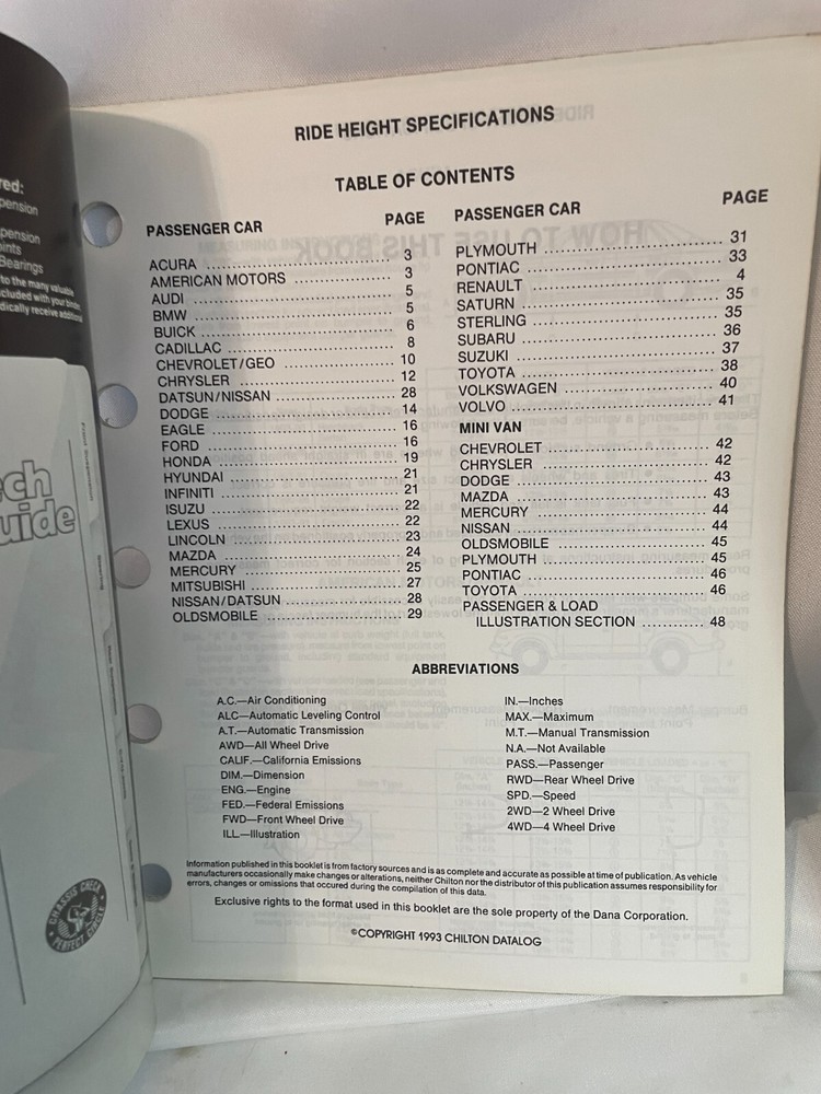 1993 Chilton Ride Height Specifications for domestic and import vehicles