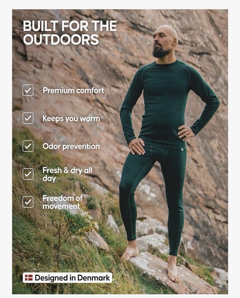 DANISH ENDURANCE Merino Wool Base Layer Men, Thermal Set Navy L