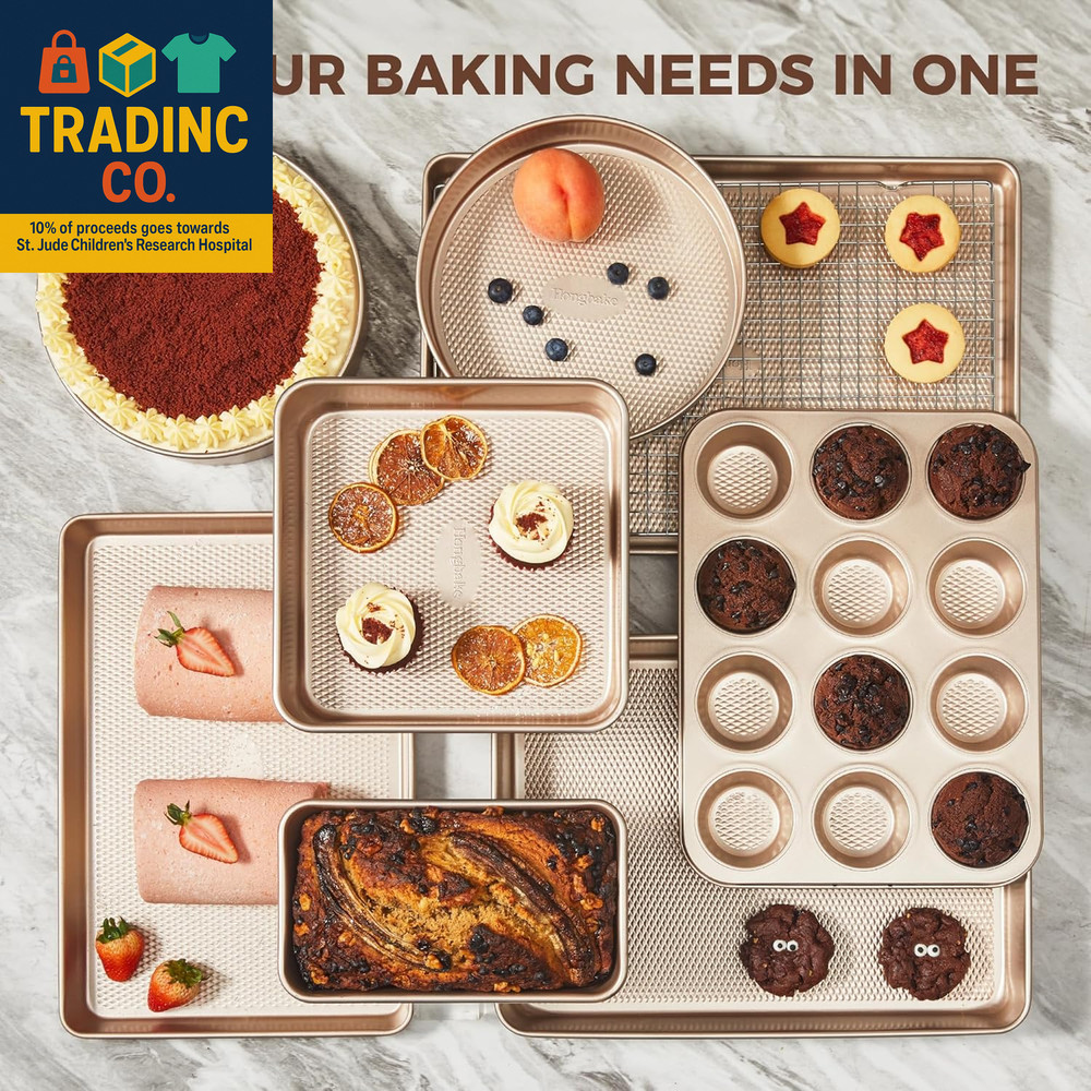 9-Piece Baking Pans Set Nonstick, Stackable Non Toxic Bakeware Sets with Diamond