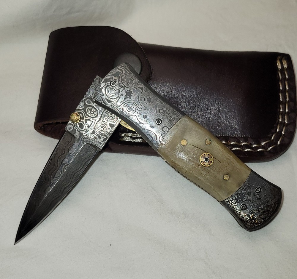 CFK Damascus Pocket Knife Ram Horn Handle
