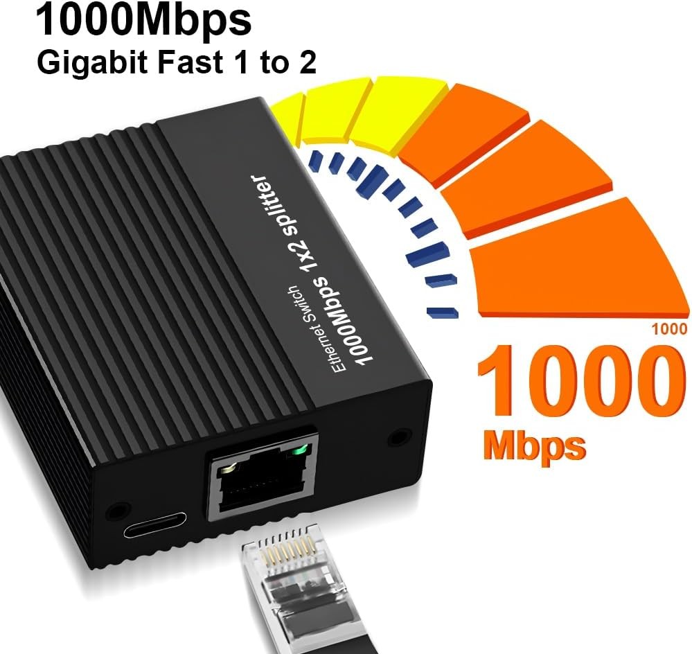 Ethernet Splitter 1 to 2 1000Mbps, Either Network with USB Black