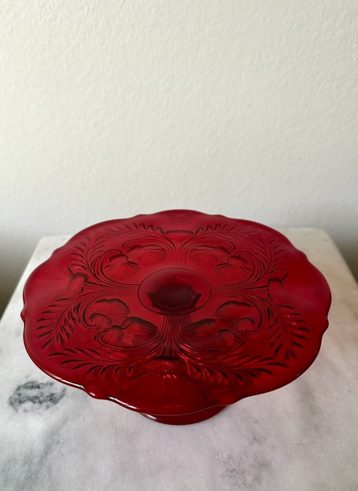Mosser Inverted Thistle Pedestal Ruby Red Cake Plate Stand Excellent Condition