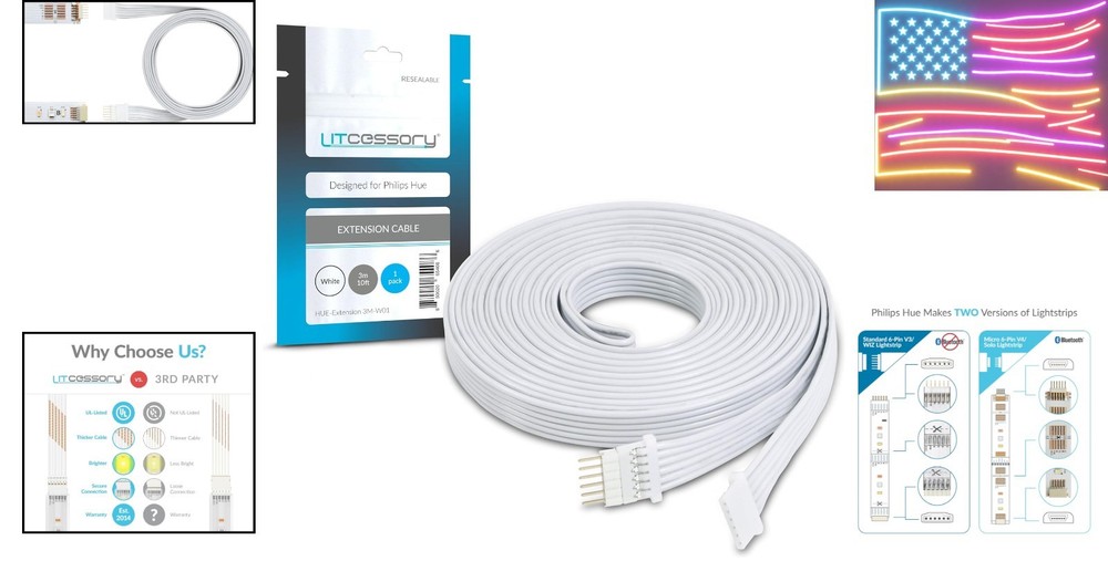Extension Cable for Philips Hue/Solo Lightstrip 10ft, 1 Pack, White - Micro 6...