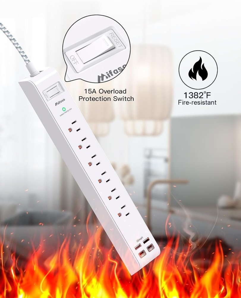 Compact Wall-Mount Surge Protector Power Strip with 6 AC Outlets & USB Charging