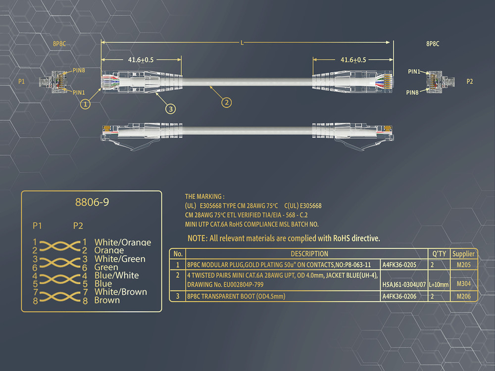 2ft Slim Cat6a 28AWG UTP Ethernet Network Patch Cable, Gray