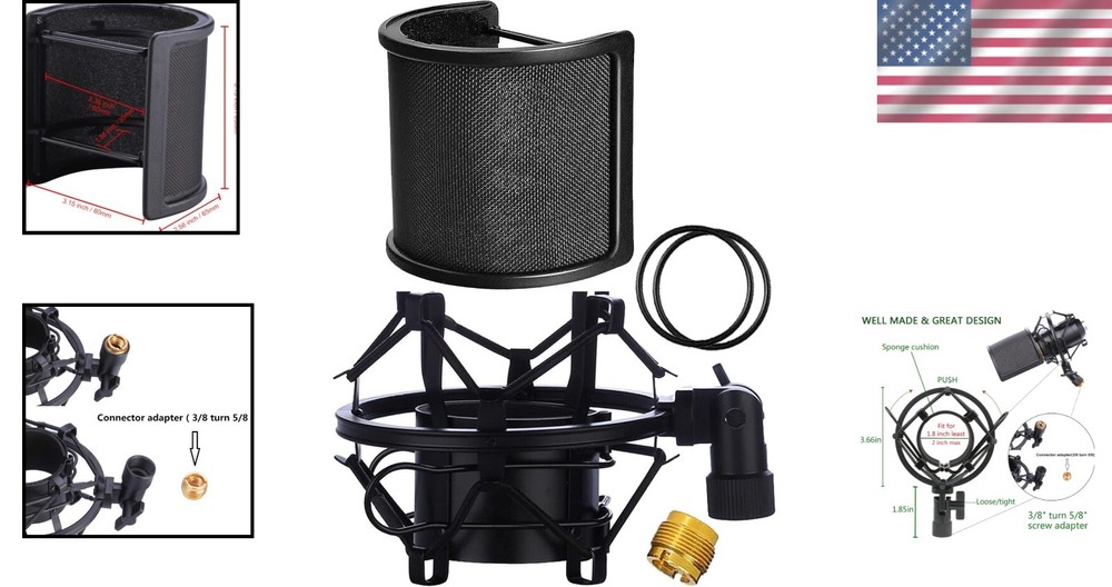 Microphone Shock Mount with Pop Filter for 46-51mm Mics - Anti-Vibration