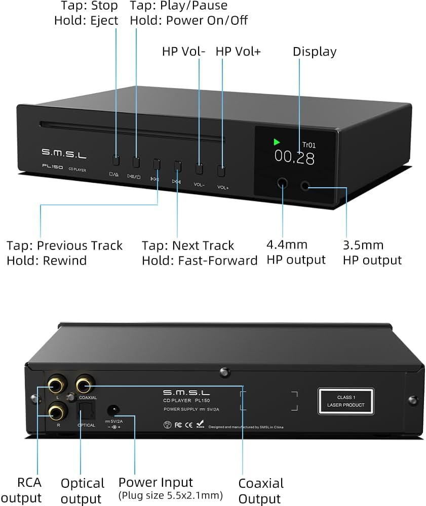 SMSL PL150 CD Player High Power CS43198 D/A Chip, Standard/Mqa-Cd/Hdcd Cds, W...