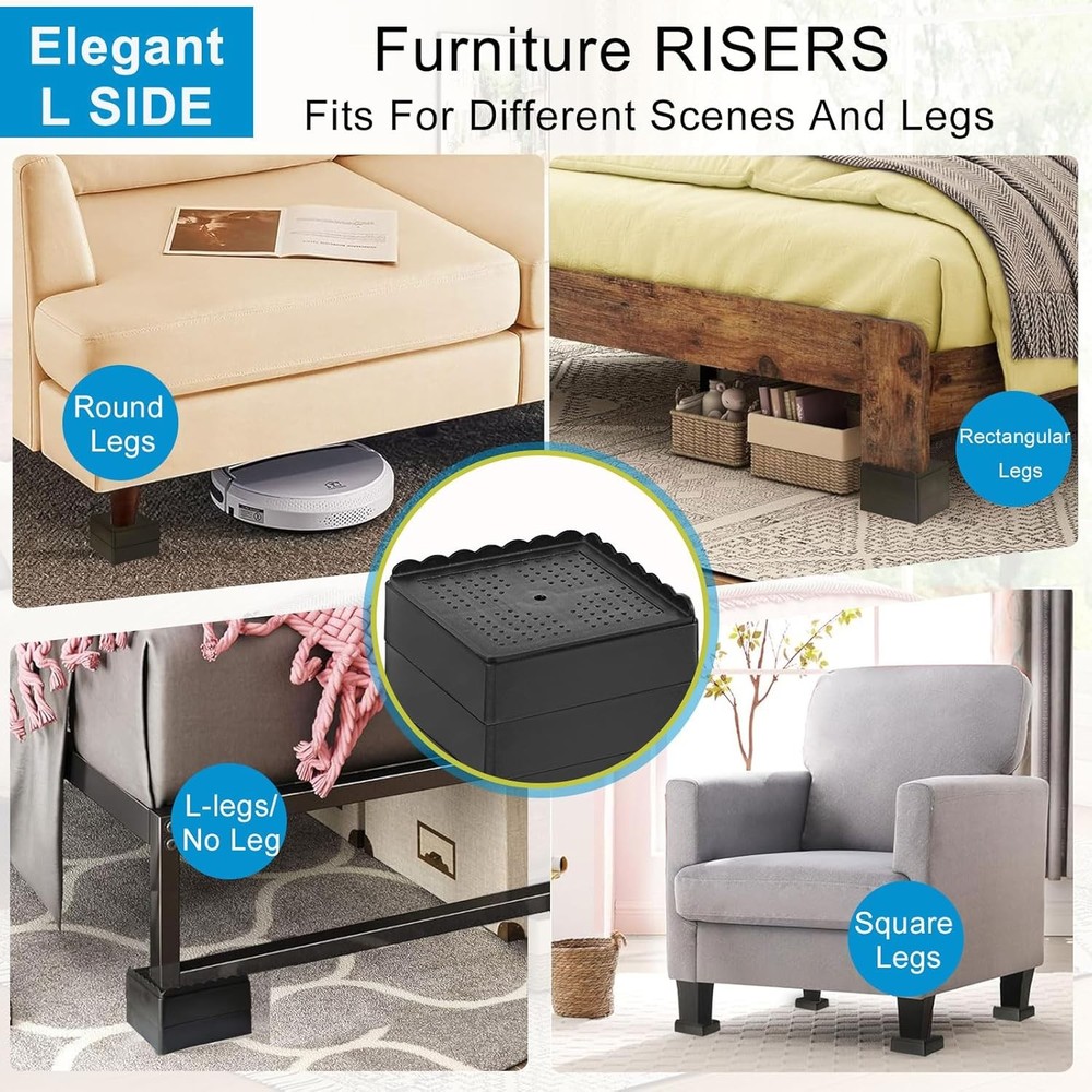 Adjustable Bed Risers 1" Stackable Furniture Lift Blocks | Heavy Duty 4-Pack