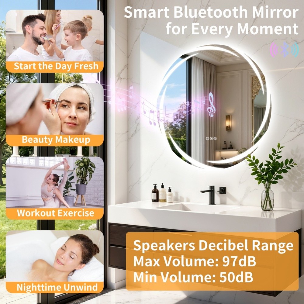 32" Smart LED Bathroom Mirror Wall-Mounted with Bluetooth Speaker Dimmable Round