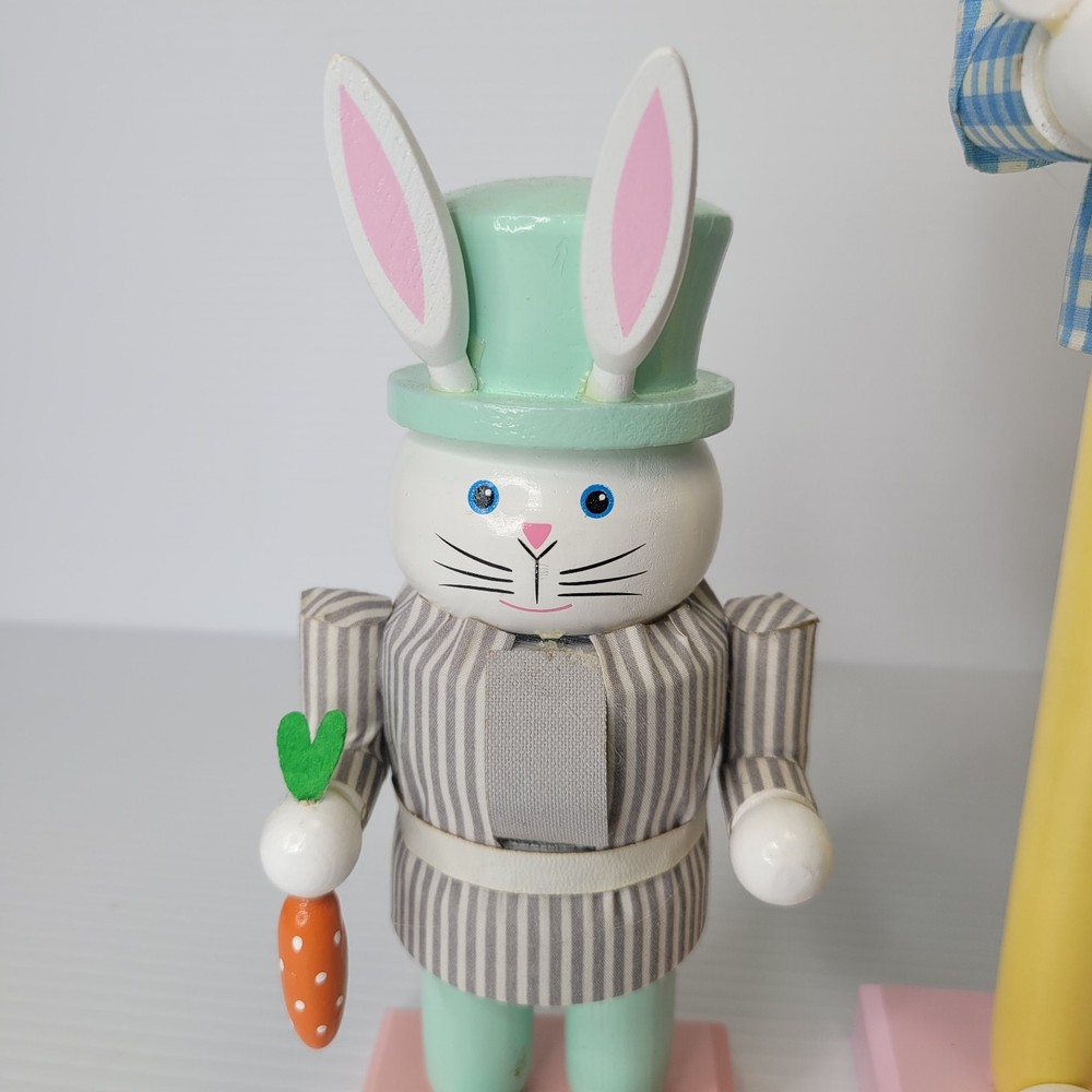 2 Easter Bunny Nutcrackers 8" & 14" Happy Easter Watering Can Carrot Decor
