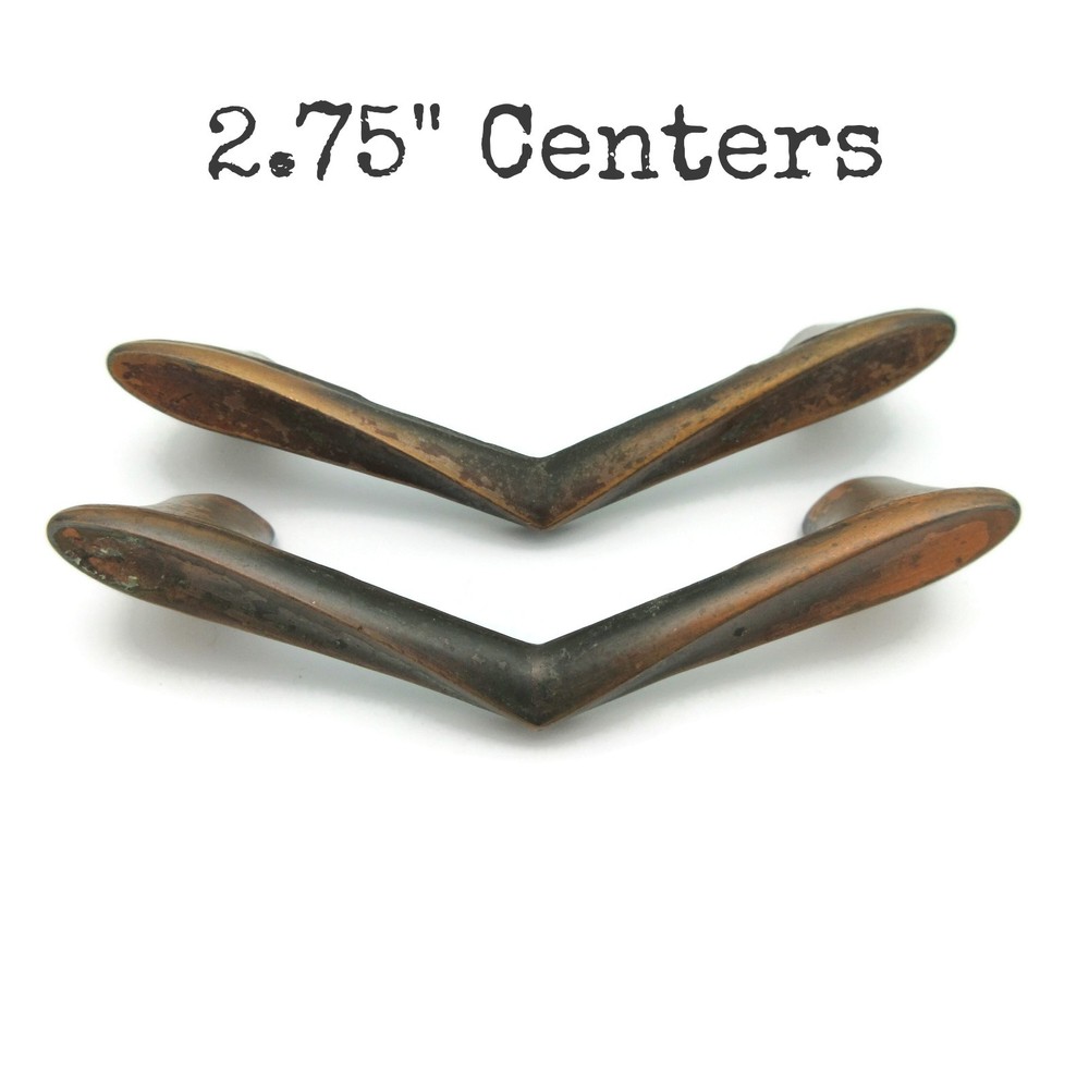 2 Vintage MCM Chevron Drawer Pulls 2.75" Centers Worn Copper Tone LY9