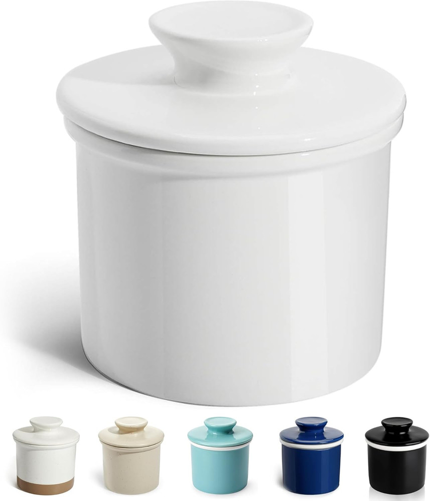 French Butter Crock Keeper with Lid White