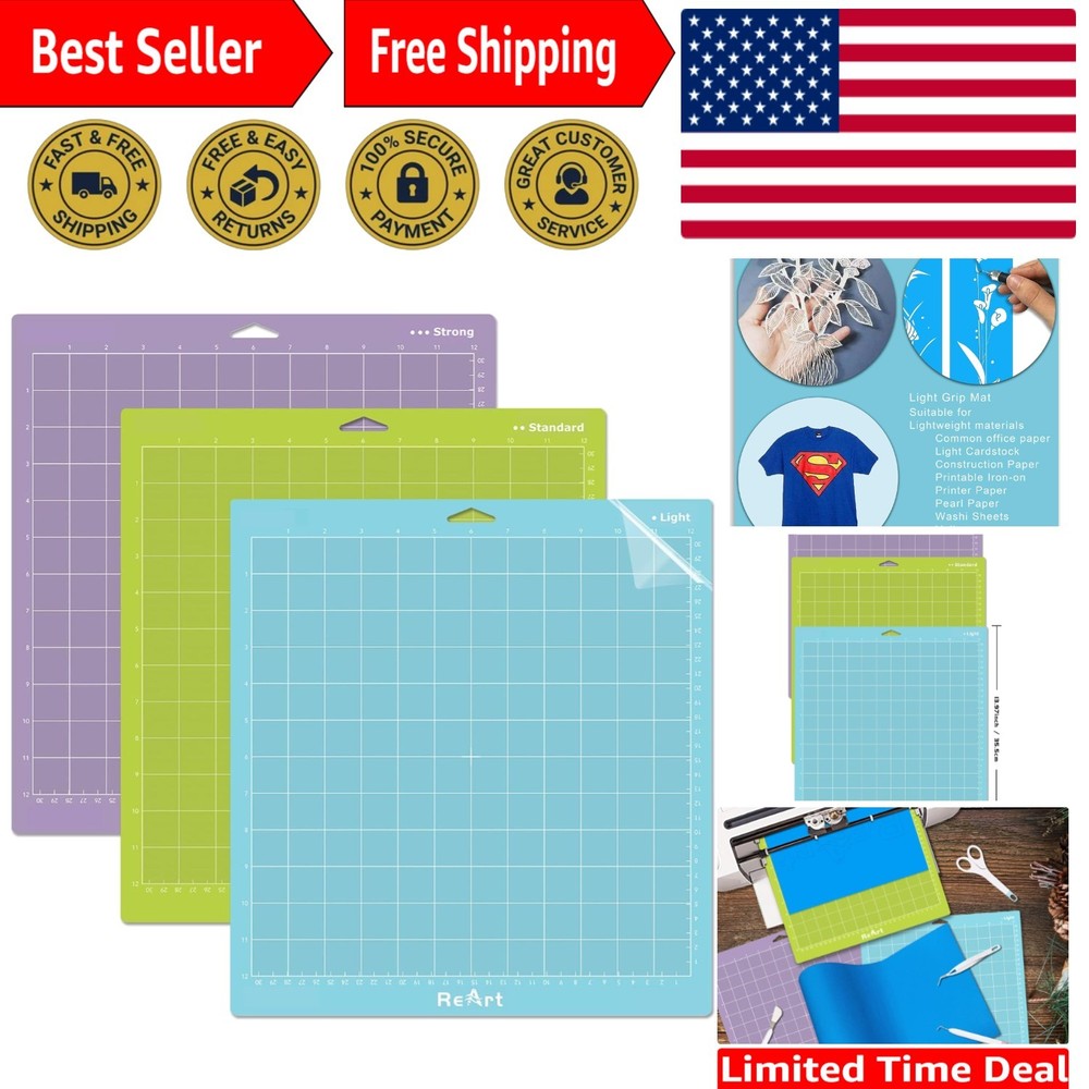 12x12 Cutting Mats – 3 Pack Strong/Standard/Light Grip for Cricut Users