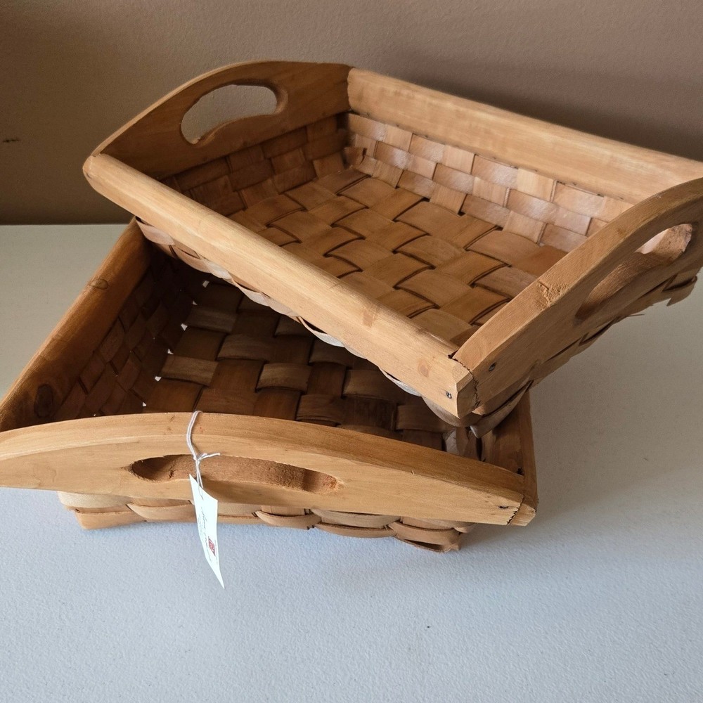 Home Interiors Woven Wood Nesting Baskets Set of 2 Rectangular Trays w/ Handles