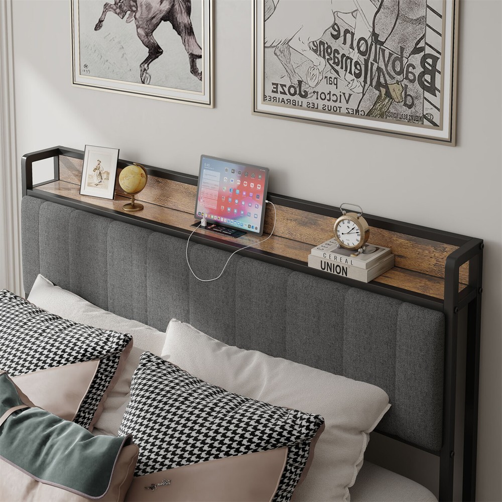 Full Size Bed Frame with Upholstered Headboard Metal Platform Bed w/ Outlet