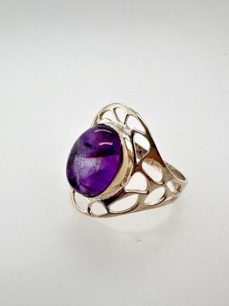 Artisan Amethyst Oval Cabochon Sterling Silver Cut Out Setting Ring Sz 10