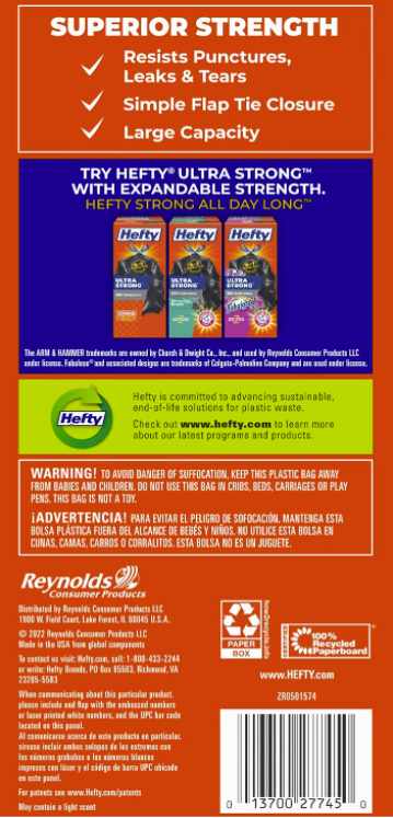 Hefty Easy Flaps Multipurpose Large Trash Bags, Unscented, 30 Gallon, 40 Count