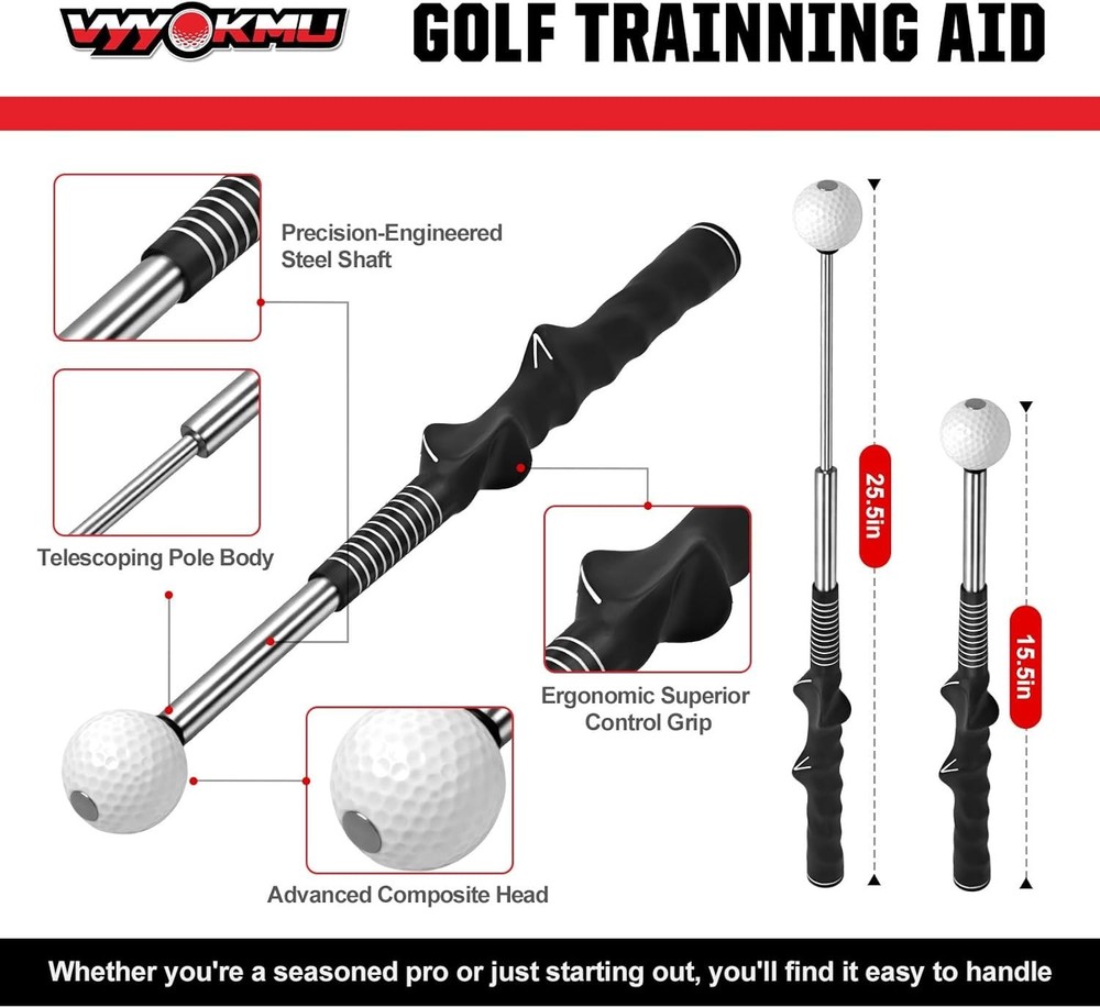Tempo Stick Golf for Right Hand, Retractable Golf Swing Training Aid with Arm Ba