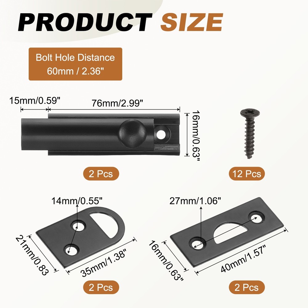 2Pcs 3" Solid Brass Surface Bolt, Polished Slide Latch Door Lock, Matt Black