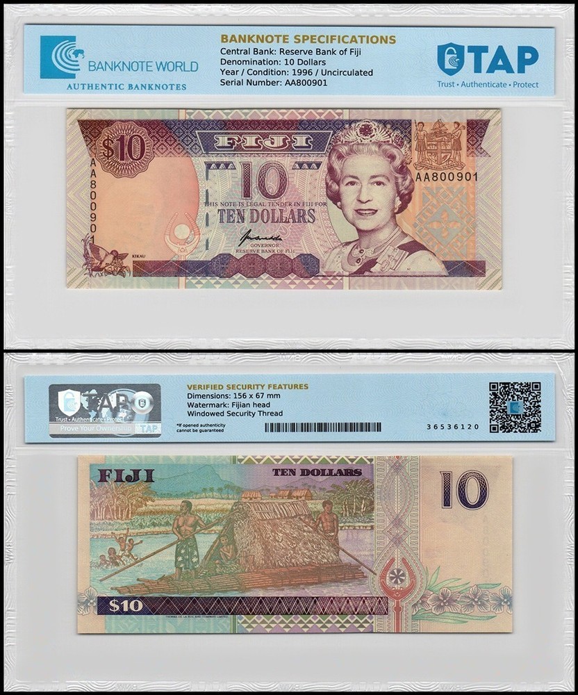 Fiji 10 Dollars, 1996 ND, P-98b, UNC, TAP Authenticated