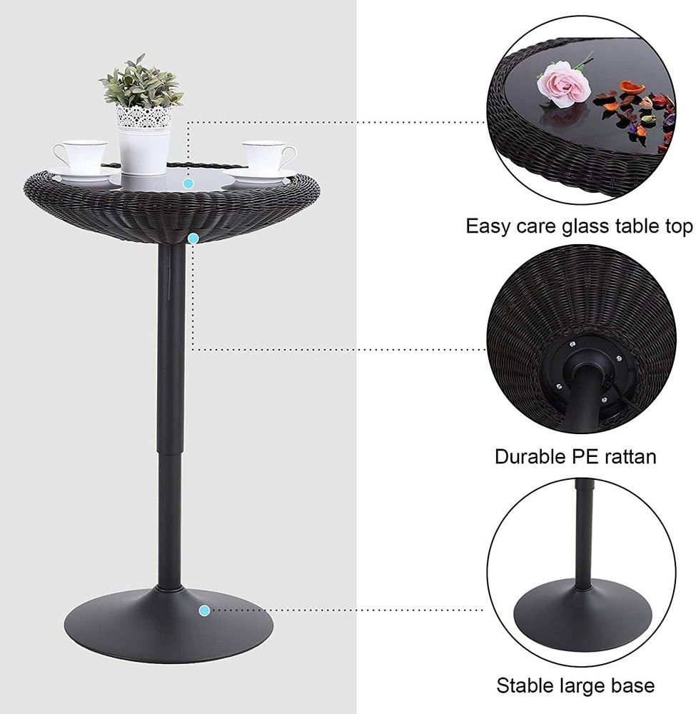 PHI VILLA Bar Table Round Pub Table Height Adjustable Rattan Kitchen Table