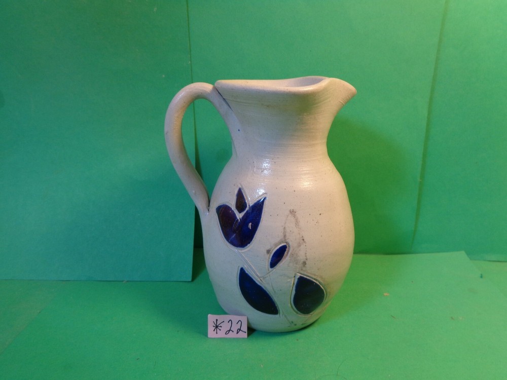 Williamsburg Pottery Creamer Pitcher, 5 1/4" Tall, Blue Floral Pattern(Used/EUC)