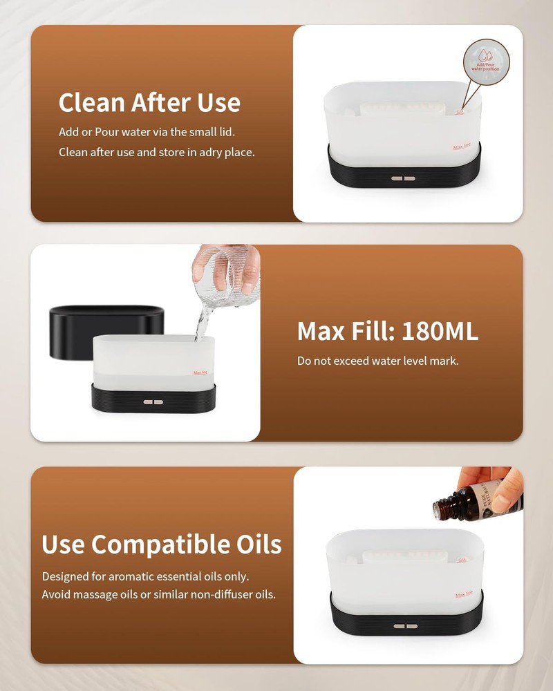 Flame Effect Essential Oil Diffuser, 180ml Ultrasonic Aromatherapy Black