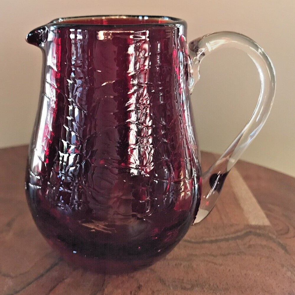 Hand Blown Ruby Red Crackle Glass Pitcher Clear Handle Pontil 3.75"