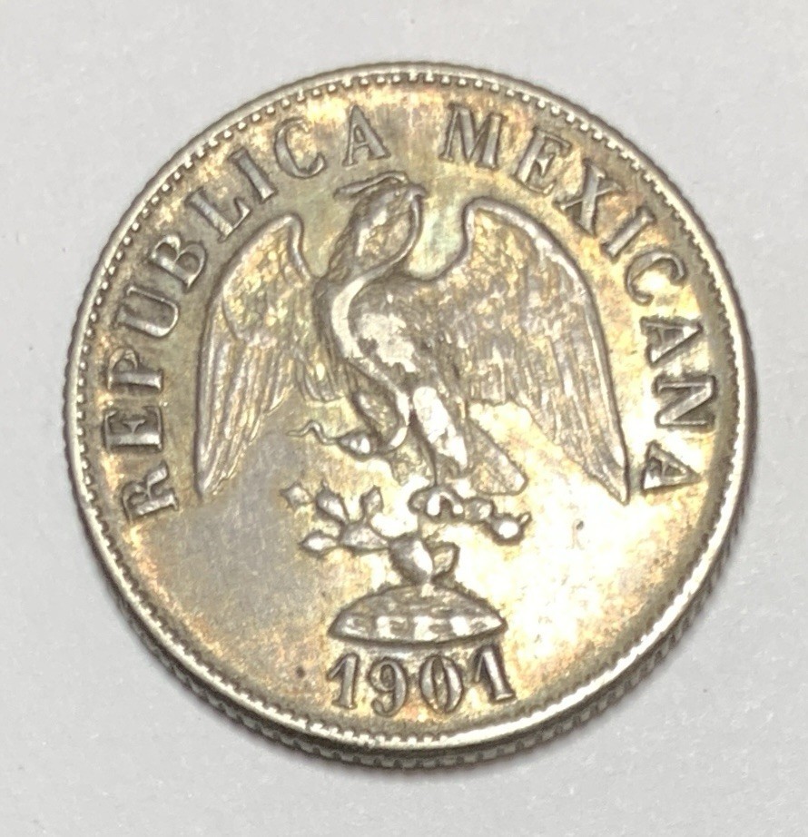 1901-Cn Q Mexico 20 Centavos Second Republic Silver Clean Fields Luster