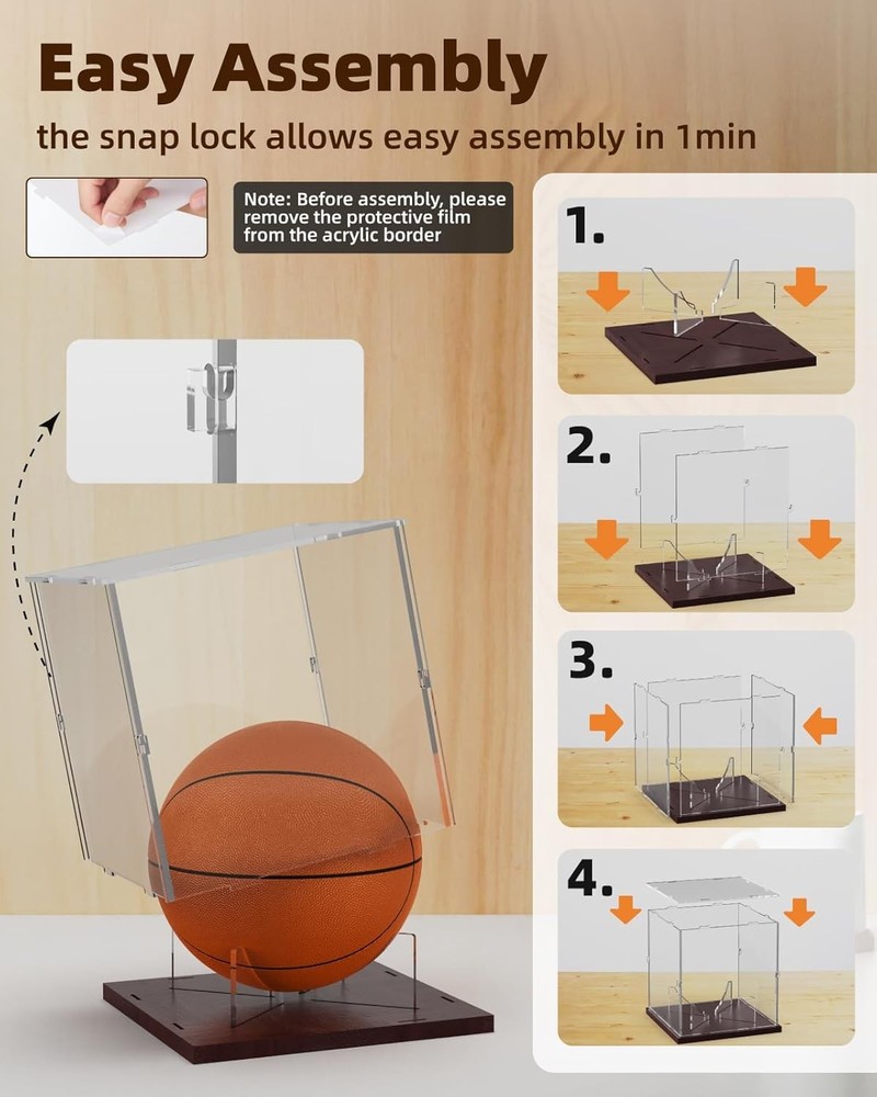 Basketball Display Case Acrylic Clear, UV Protected Stand Walnut