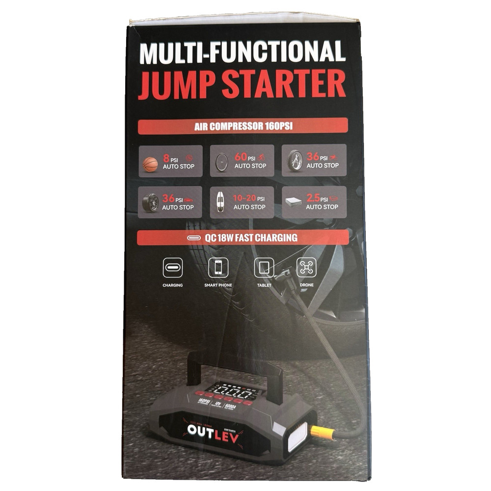 Outlev Jump Starter 6000A Air Compressor 160PSI Multi-Functional Emergency Kit