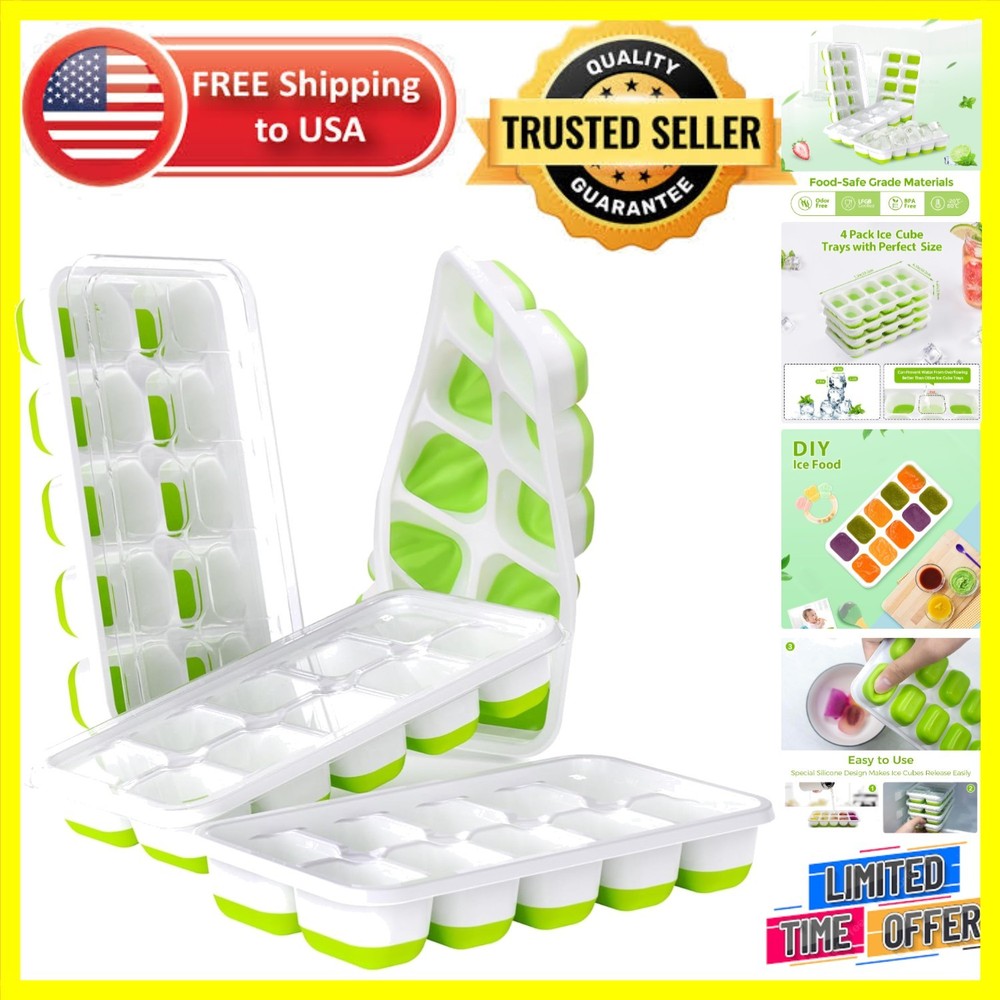 Effortless Ice-Making: 4 Pack Silicone Ice Cube Trays with Dishwasher Safe Lids