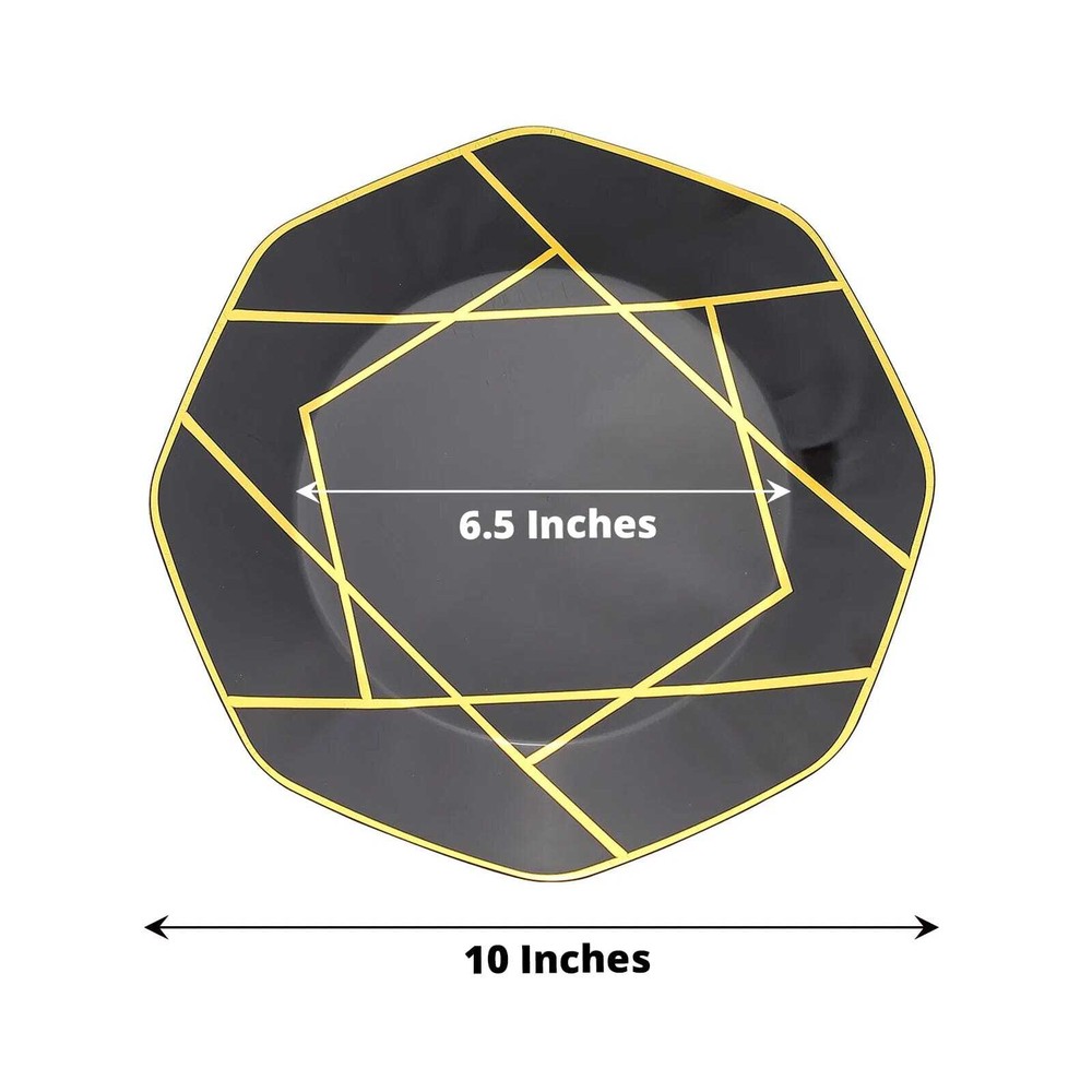 10 Octagon 10" Plastic Dinner Plates Gold Geometric Design Disposable Tableware