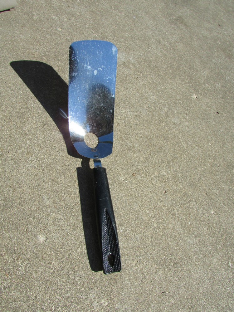 Vintage EKCO Thin Silver Spatula Flipper with Hole Black Plastic Handle 10" Long